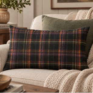 Dark Cottagecore Black Rust Autumn Plaid Lumbar Pillow