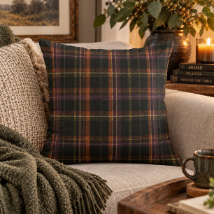 Dark Cottagecore Black Rust Autumn Plaid Throw Pillow