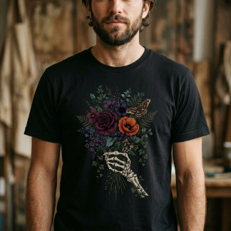 Dark Cottagecore Skeleton Hand Floral Bouquet T-Shirt