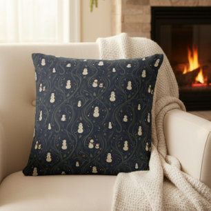 Dark Cottagecore Snowman Midnight Blue Christmas Throw Pillow