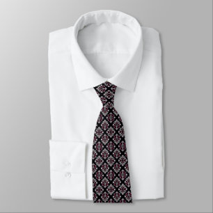 Dark Cranberry Red, Black & White Art Deco Pattern Neck Tie