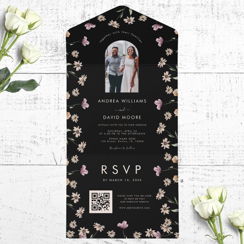 Dark Cream Wildflowers Arch photo QR Code Wedding All In One Invitation