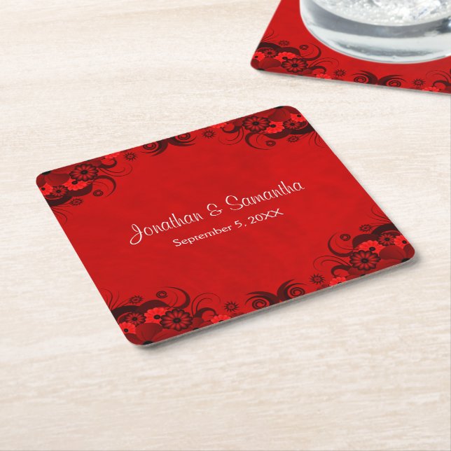 Dark Crimson Red Floral Goth Square Paper Coasters (Angled)