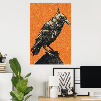 Dark Crow Perched on Jagged Rock Poster