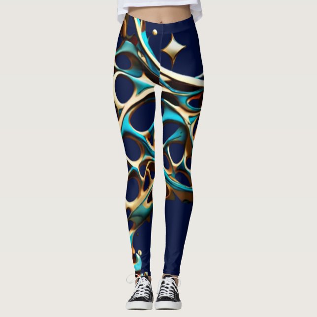 Dark Cyan and Gold Arabesque Leggings (Front)