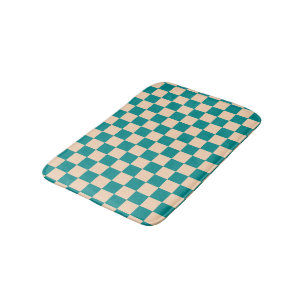 Dark Cyan and Soft Peach Checkerboard Bath Mat
