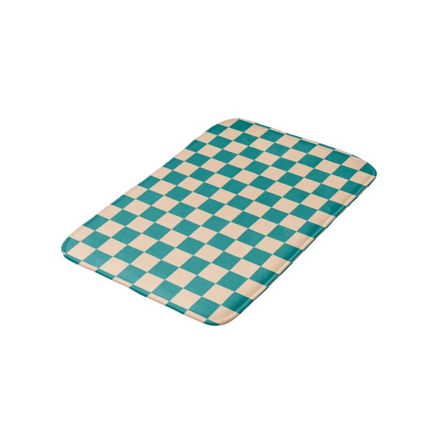 Dark Cyan and Soft Peach Checkerboard Bath Mat (Angled)