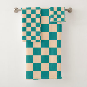 Dark Cyan and Soft Peach Checkerboard Bath Towel Set