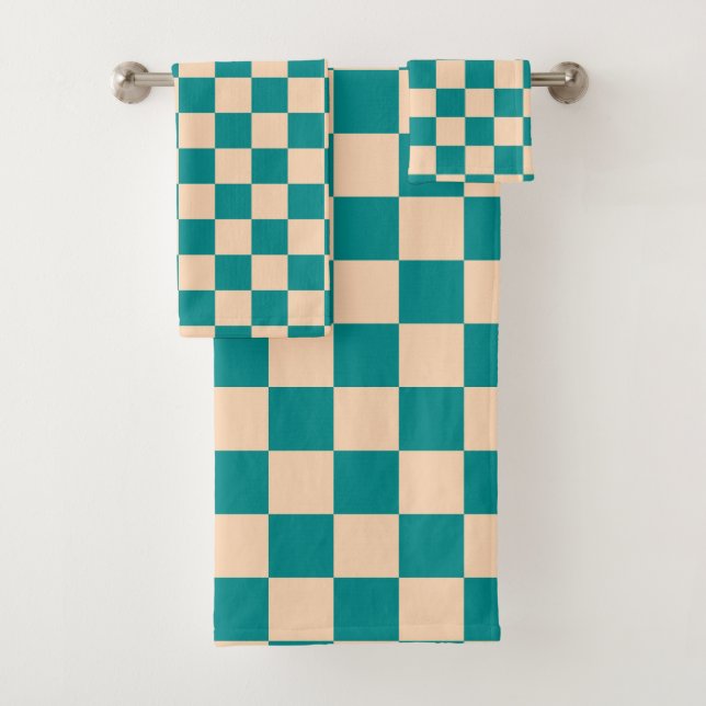 Dark Cyan and Soft Peach Checkerboard Bath Towel Set (Insitu)