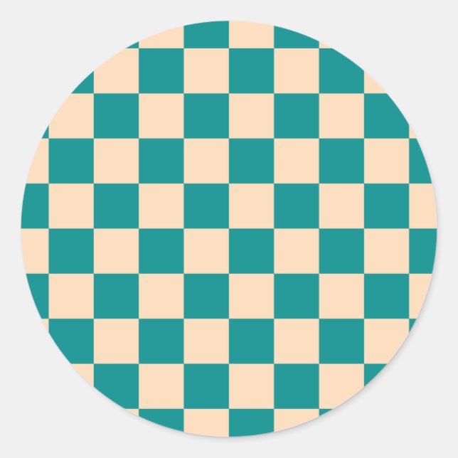 Dark Cyan and Soft Peach Checkerboard Classic Round Sticker (Front)