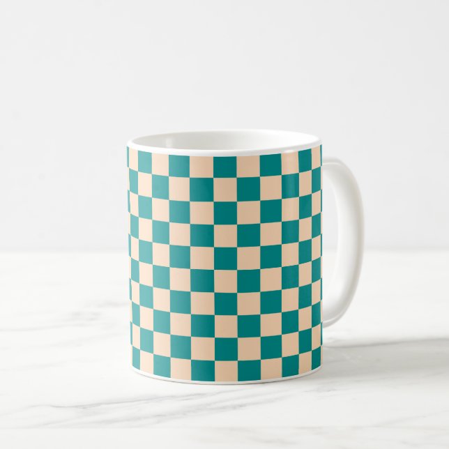 Dark Cyan and Soft Peach Checkerboard Coffee Mug (Front Right)