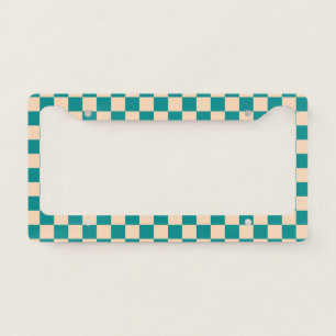 Dark Cyan and Soft Peach Checkerboard License Plate Frame