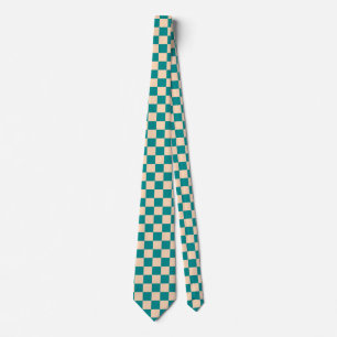 Dark Cyan and Soft Peach Checkerboard Neck Tie