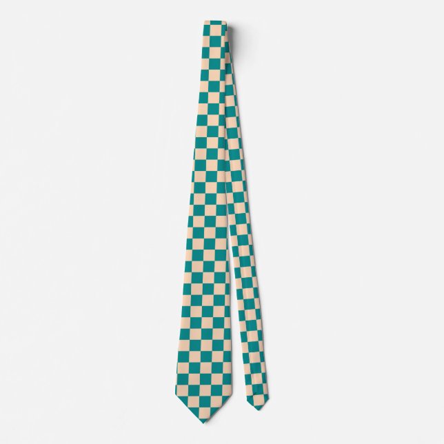 Dark Cyan and Soft Peach Checkerboard Neck Tie (Front)