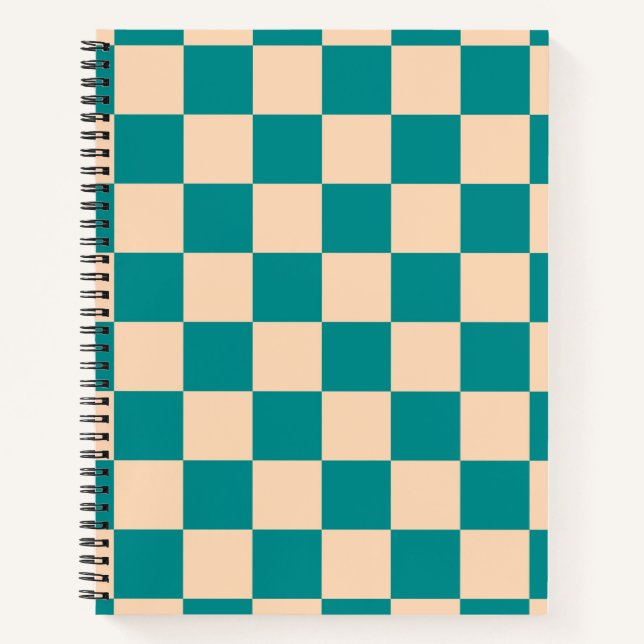 Dark Cyan and Soft Peach Checkerboard Notebook (Front)