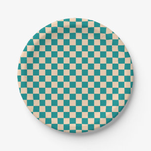 Dark Cyan and Soft Peach Checkerboard Paper Plates