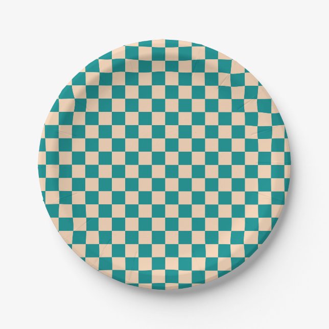 Dark Cyan and Soft Peach Checkerboard Paper Plates (Front)