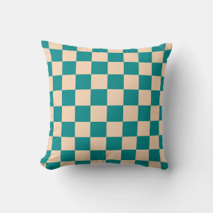Dark Cyan and Soft Peach Checkerboard Throw Pillow