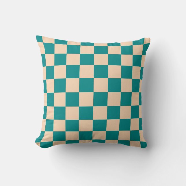 Dark Cyan and Soft Peach Checkerboard Throw Pillow (Front)