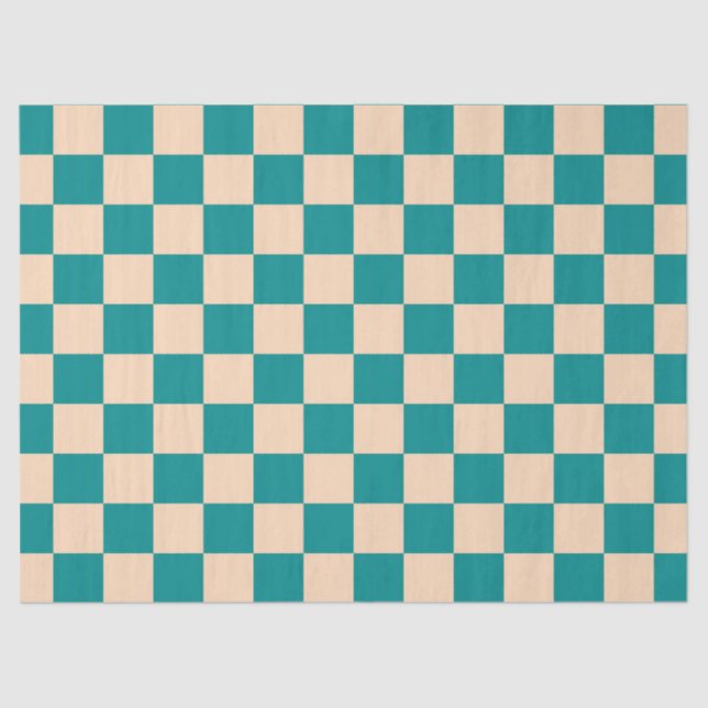 Dark Cyan and Soft Peach Checkerboard Tissue Paper (Front)
