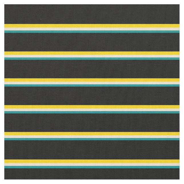 Dark Cyan, Beige, Yellow & Black Lined Pattern Fabric (Close Up)
