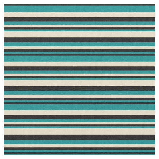 Dark Cyan, Black & Tan Pattern of Stripes Fabric (Close Up)