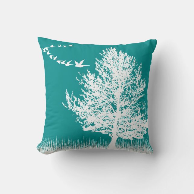 Dark Cyan Bucolic Silhouette Throw Pillow (Front)