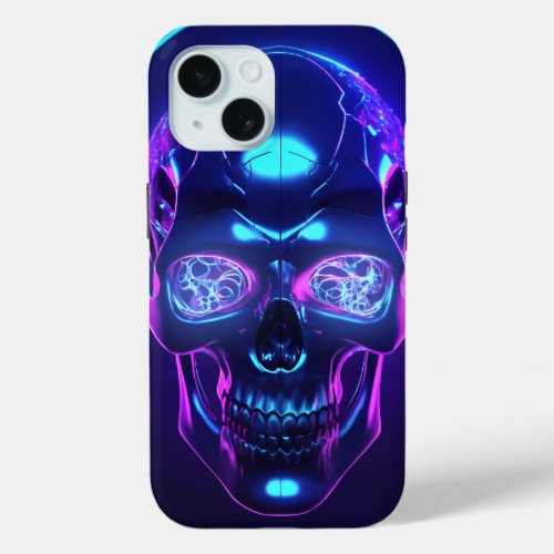 Dark Cyber Neon Obsidian Skull iPhone 15 Case