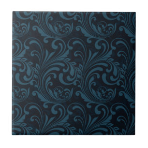 Dark Damask Blue Black Swirl Masculine Pattern Ceramic Tile