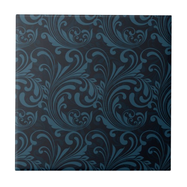 Dark Damask Blue Black Swirl Masculine Pattern Ceramic Tile (Front)