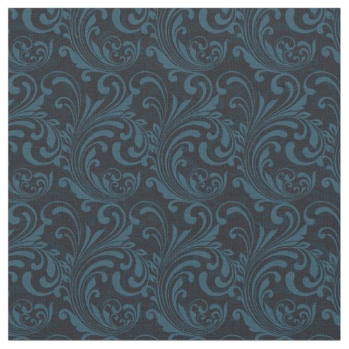 Dark Damask Blue Black Swirl Masculine Pattern Fabric