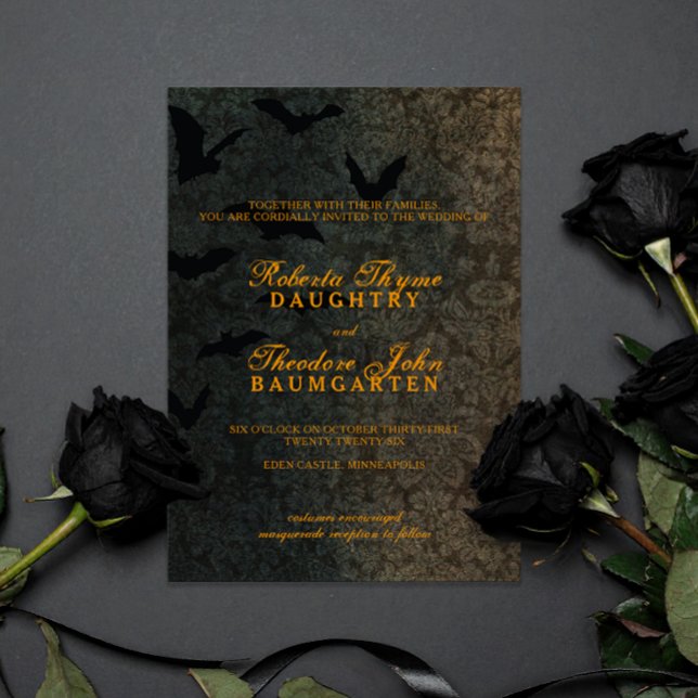 Dark Damask Halloween Wedding Invitation (Dark Damask pattern with subtle bats and orange text, gothic victorian wedding invitation)