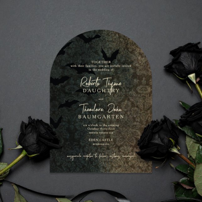 Dark Damask Romance Halloween Wedding Invitation (arch card gothic Victorian Halloween wedding invitation )