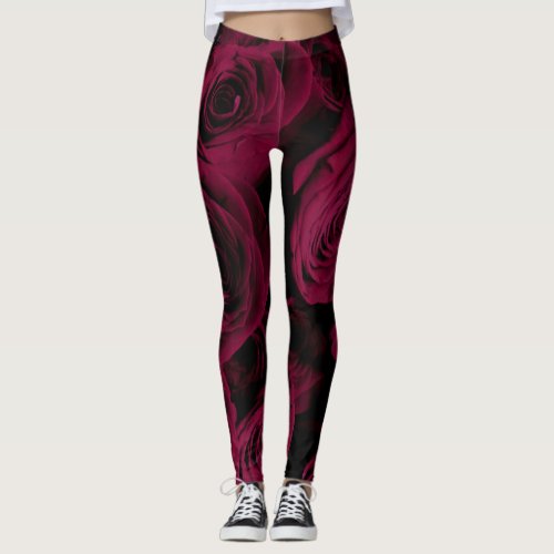 Dark deep red magenta burgundy roses  leggings