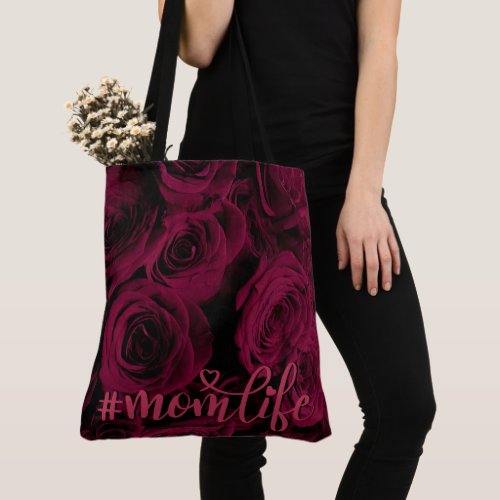 Dark deep red magenta burgundy roses mom life tote bag