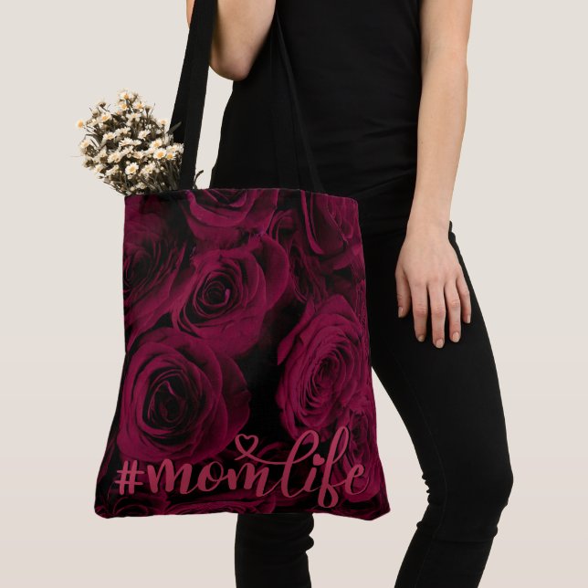 Dark deep red magenta burgundy roses mom life tote bag (Close Up)