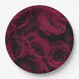 Dark deep red magenta burgundy roses paper plates