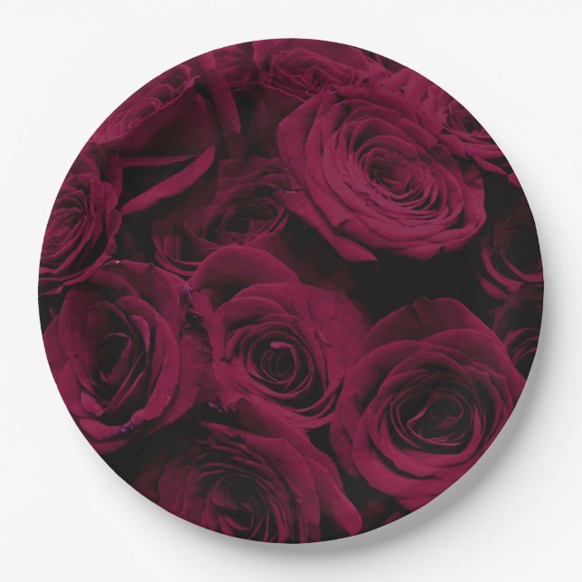 Dark deep red magenta burgundy roses  paper plates (Front)