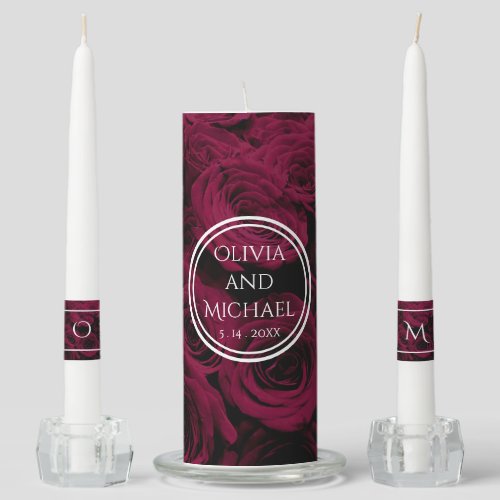Dark deep red magenta burgundy roses  unity candle set