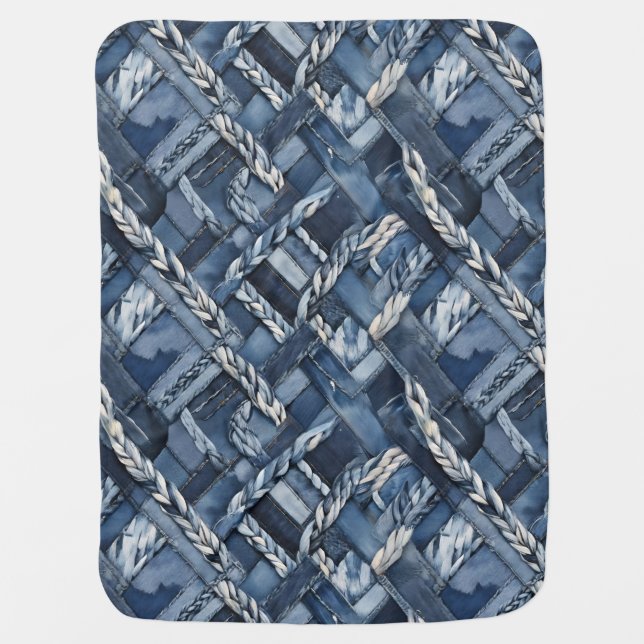 Dark Distressed Denim Patchwork And Braids Baby Blanket (Front)