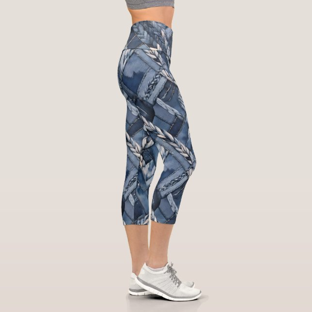 Dark Distressed Denim Patchwork And Braids Capri Leggings (Right)