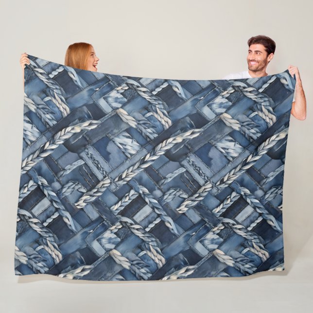 Dark Distressed Denim Patchwork And Braids Fleece Blanket (In Situ)