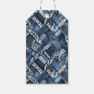 Dark Distressed Denim Patchwork And Braids Gift Tags