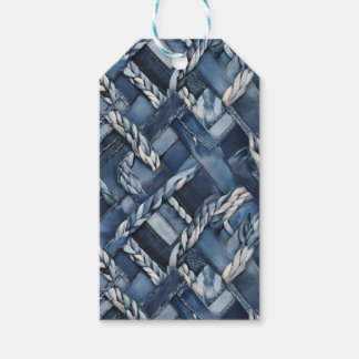 Dark Distressed Denim Patchwork And Braids Gift Tags