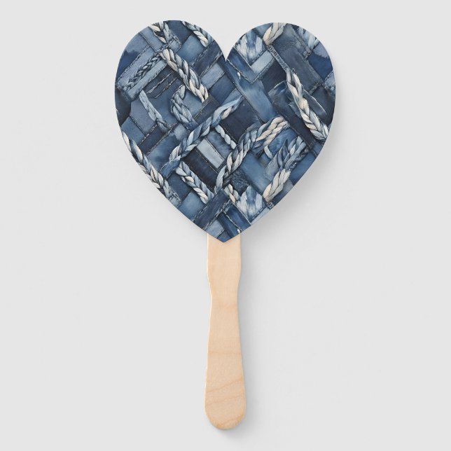 Dark Distressed Denim Patchwork And Braids Hand Fan (Front)