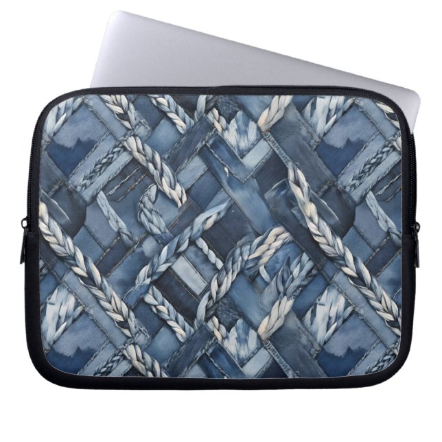 Dark Distressed Denim Patchwork And Braids Laptop Sleeve (Front)