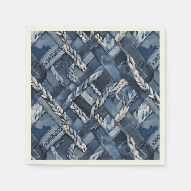 Dark Distressed Denim Patchwork And Braids Napkins (Front)