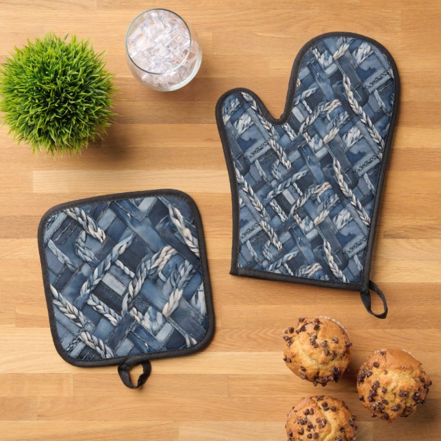 Dark Distressed Denim Patchwork And Braids Oven Mitt & Pot Holder Set (Top Down)