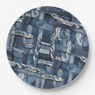 Dark Distressed Denim Patchwork And Braids Paper Plates