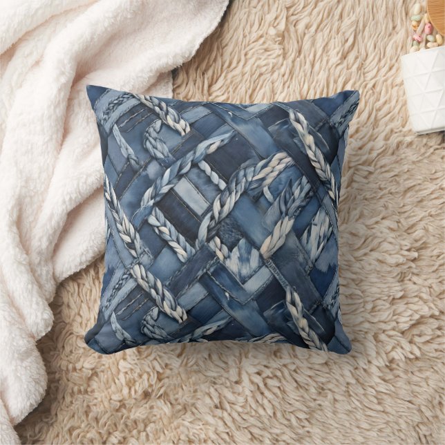 Dark Distressed Denim Patchwork And Braids Throw Pillow (Blanket)